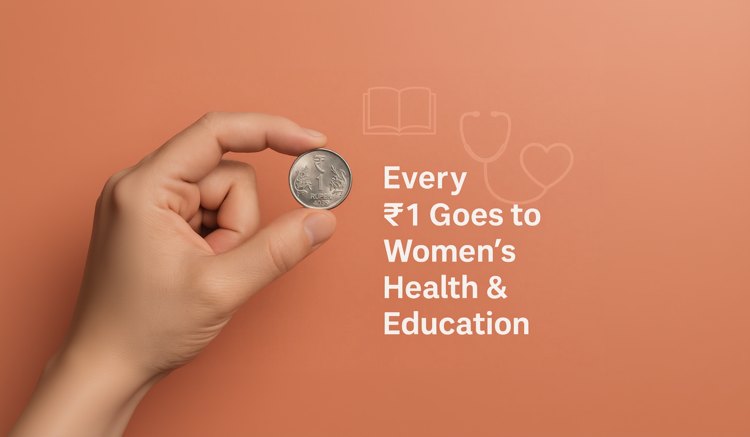 Hand holding a coin with text about women's health and education on an orange background