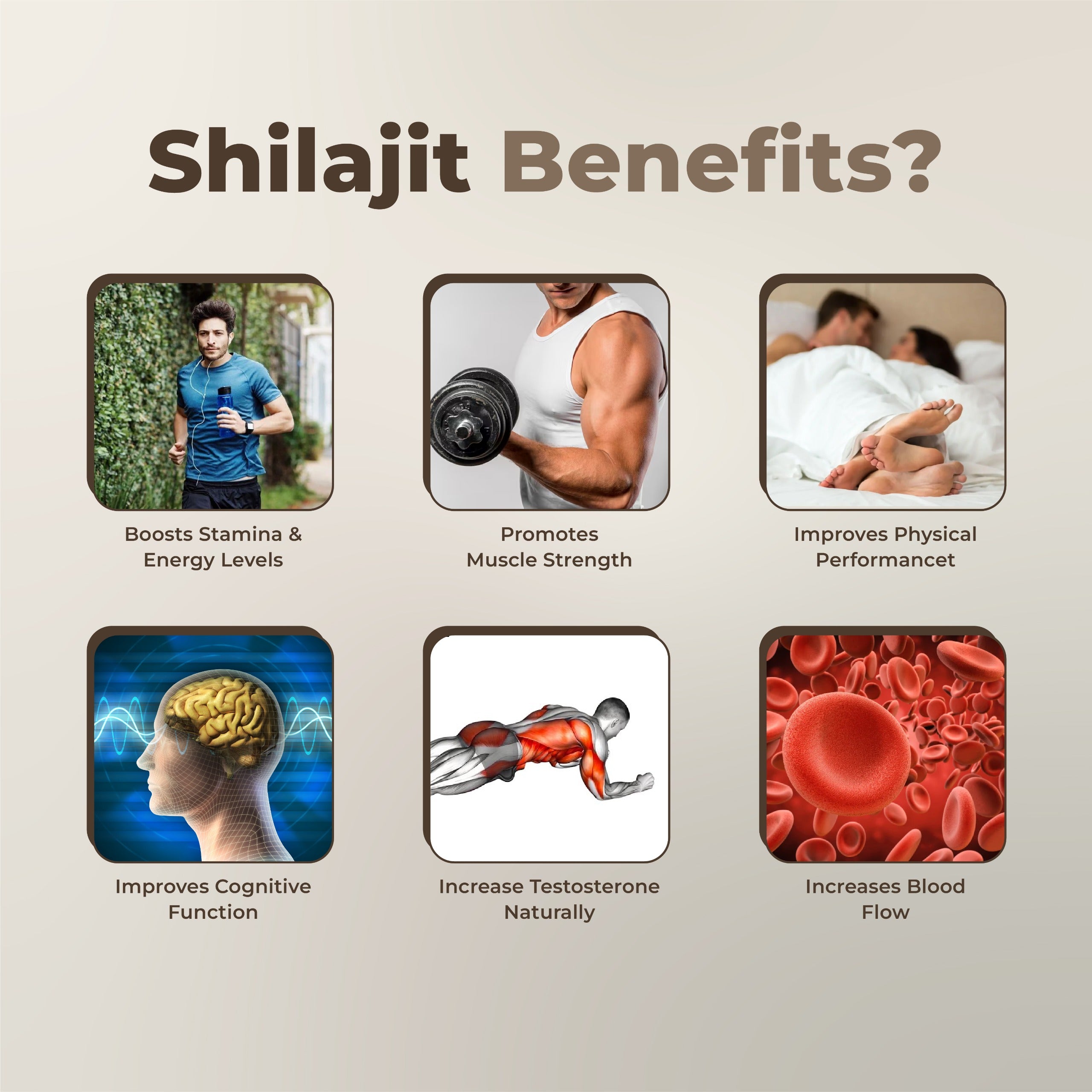Shilajit benefits infographic with images and text on a beige background